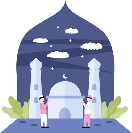 Muslim people doing prayer at mosque  Illustration