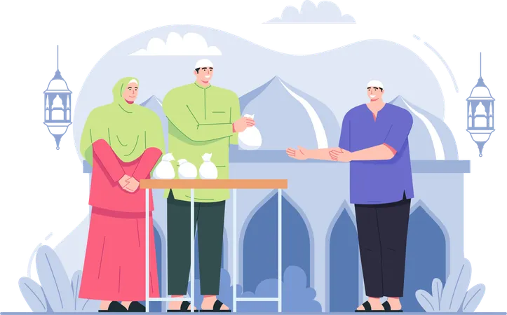 Muslim People give Zakat charity  イラスト