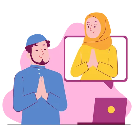Muslim people giving online ramadan greeting  イラスト