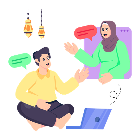 Muslim people giving Ramadan Online Greeting  일러스트레이션