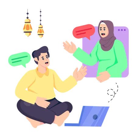 Muslim people giving Ramadan Online Greeting  일러스트레이션