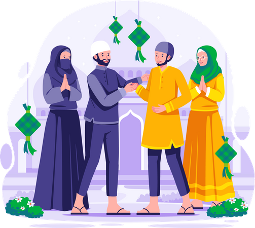 Muslim people greet each other and shake hands  Illustration