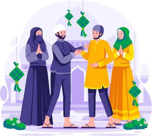 Muslim people greet each other and shake hands  Illustration