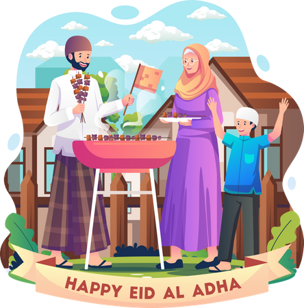 Muslim People Grilling Meat to celebrate Eid al-Adha Illustration