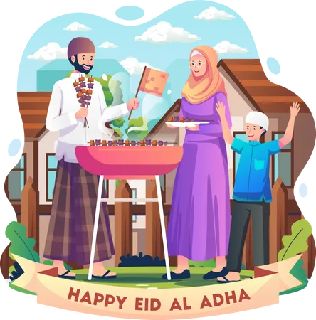 Muslim People Grilling Meat to celebrate Eid al-Adha  Illustration