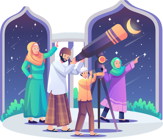 Muslim people looking at moon Illustration