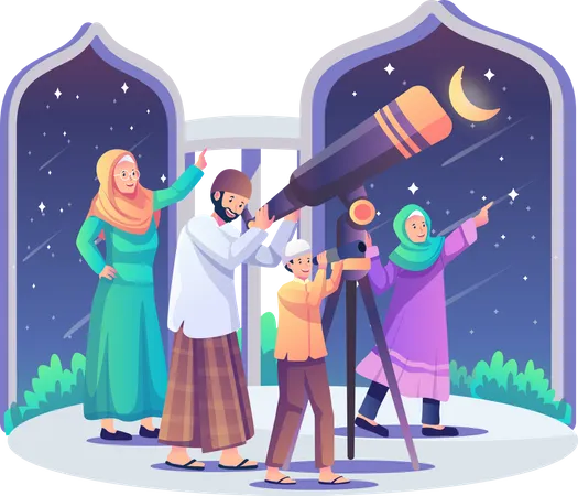 Muslim people looking at moon Illustration