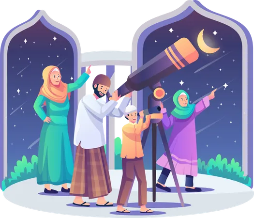 Muslim people looking at moon  Illustration