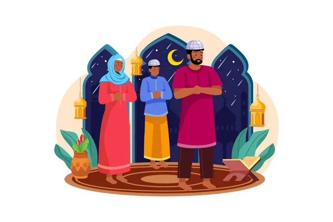 Muslim people praying together Illustration