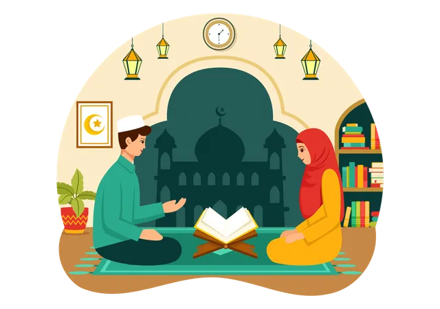 Muslim people reading quran  Illustration