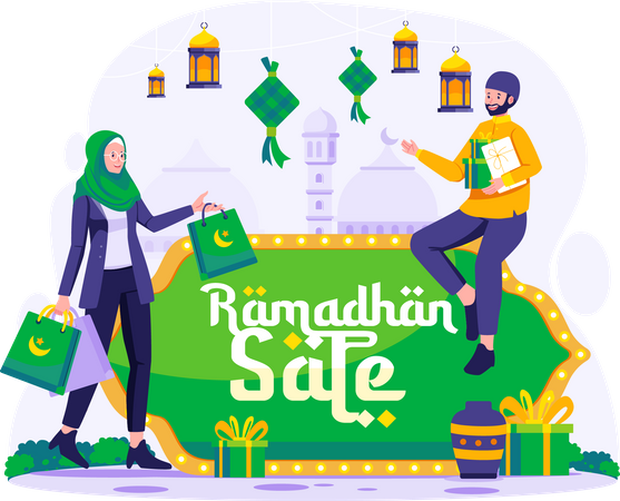 Muslim People shopping on Ramadan Sale  イラスト