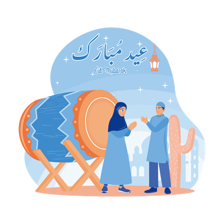Muslim People Standing In Front Of The Drum  Illustration