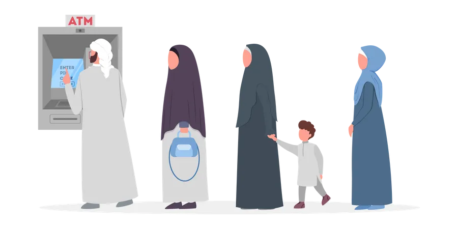 Muslim people standing in queue to ATM Illustration