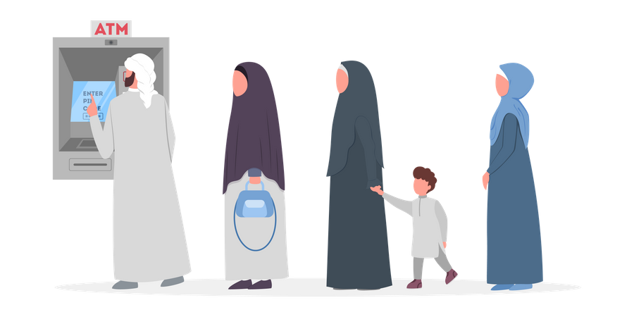 Muslim people standing in queue to ATM  Illustration