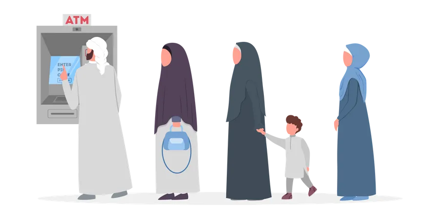 Muslim people standing in queue to ATM  Illustration