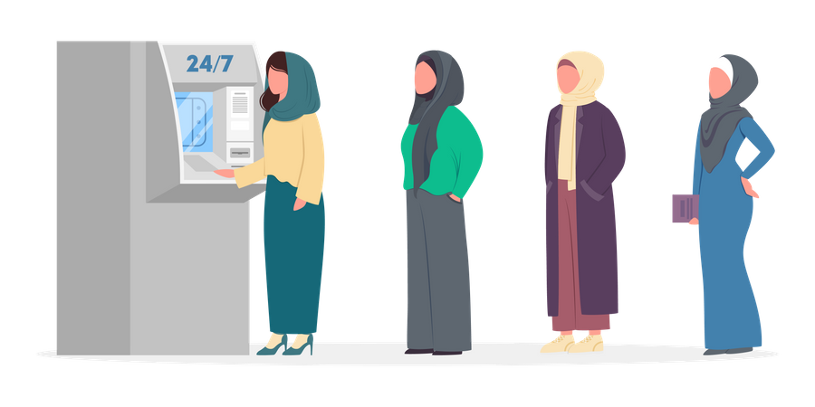 Muslim people using ATM machine  Illustration