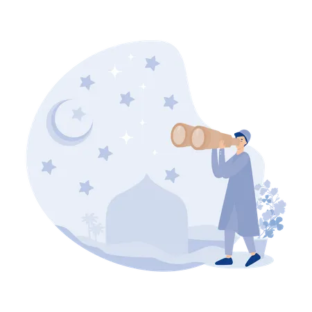 Muslim person looking for Hilal at night sky  Illustration