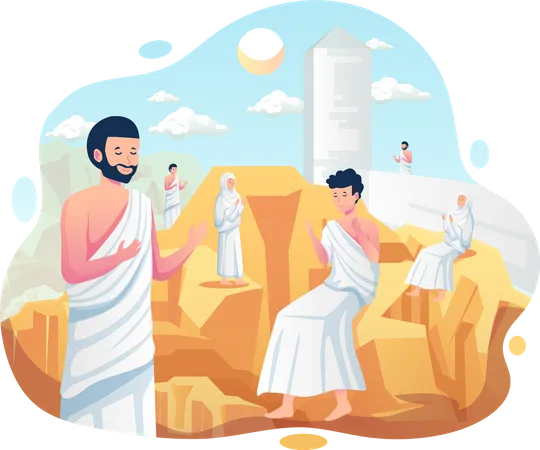 Muslim pilgrimage praying on Jabal Rahmah mountains at Arafat hill  Illustration