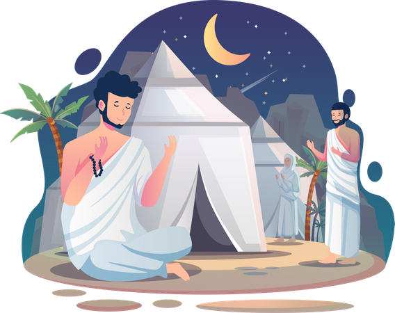 Muslim pilgrims praying and resting at the Mina tents area Illustration