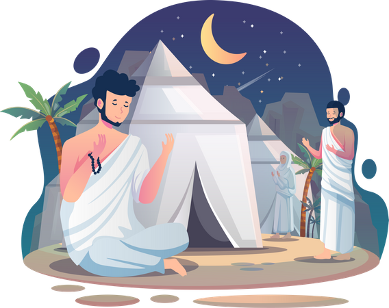 Muslim pilgrims praying and resting at the Mina tents area  Illustration