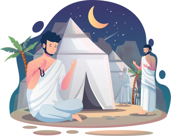 Muslim pilgrims praying and resting at the Mina tents area  Illustration