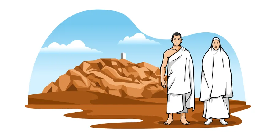 Muslim Pilgrims With Background Scenery Of Mount Arafat  Illustration