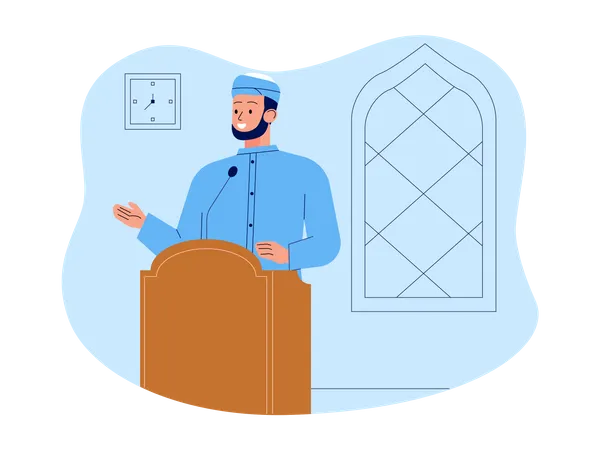 Muslim priest inviting people to prayer at mosque  Illustration