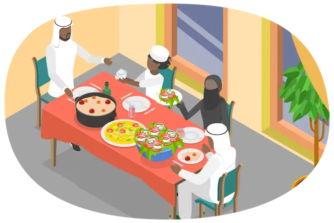 3 D Isometric Flat Vector Conceptual Illustration Of Traditional Arabic Family Muslim Eamadan Dinner Illustration