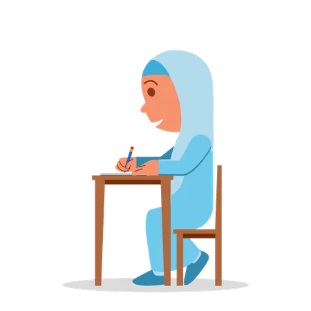 Muslim school girl doing homework  Illustration