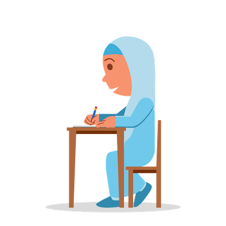 Muslim school girl doing homework  Illustration