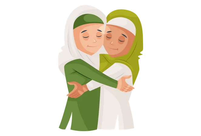 Muslim sisters hug each other  イラスト