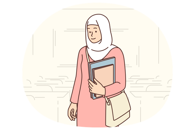 Muslim student girl standing in auditorium with books in hands  Illustration