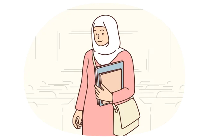 Muslim student girl standing in auditorium with books in hands  Illustration