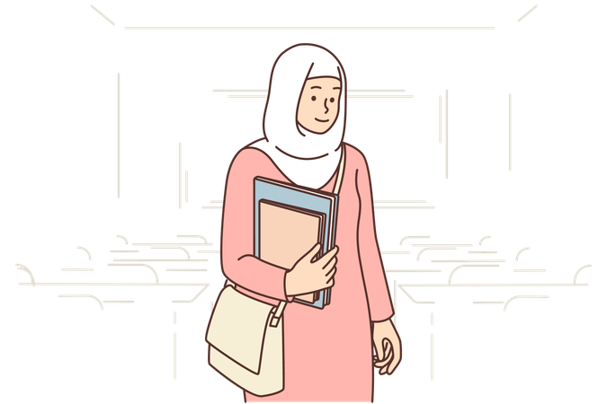 Muslim student girl stands in auditorium with books in hands  Illustration