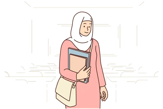 Muslim student girl stands in auditorium with books in hands  Illustration