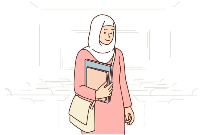 Muslim Student Girl Stands In Auditorium With Books In Hands Dressed In Islamic Clothing And Chador Covering Head Muslim Woman Student Studying In College Or University After Graduating From School Illustration
