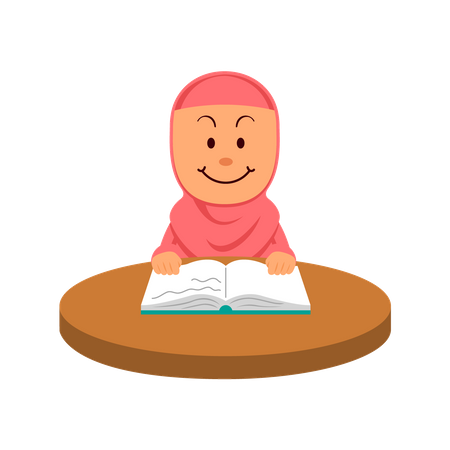 Muslim student reading book and writing at the table  Illustration