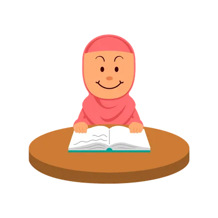 Muslim student reading book and writing at the table  Illustration