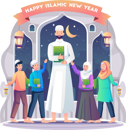 Muslim Teacher is celebrating the Islamic new year with their students  Illustration