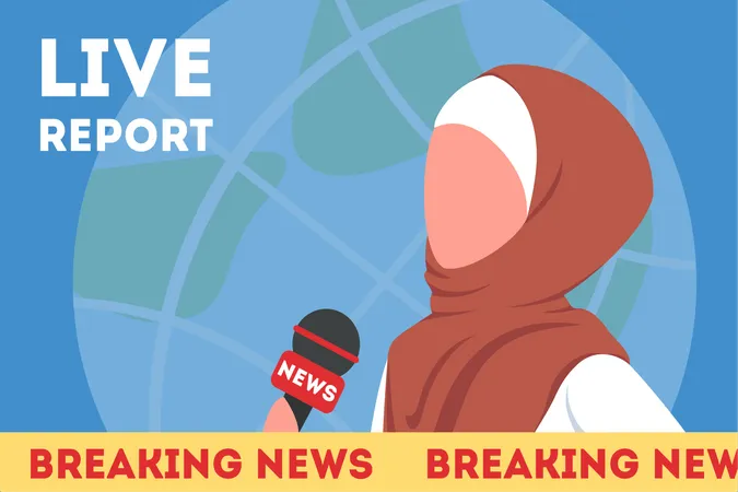 Muslim TV News Beautiful Female Reporter Speaking Using Microphone Breaking News Live Report Isolated Vector Illustration In Cartoon Style Illustration