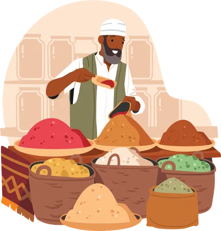 Muslim vendor man selling exotic spices in sacks at oriental street market stall  Illustration