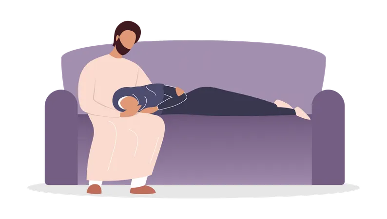 Muslim wife sleeping on husband's lap  Illustration