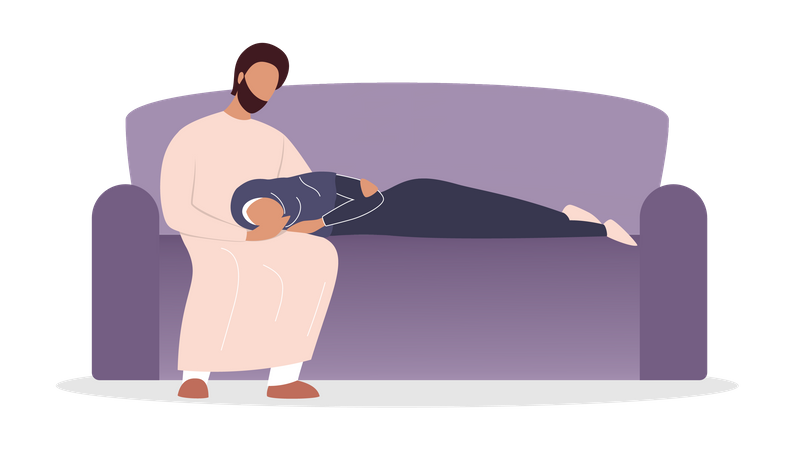 Muslim wife sleeping on husband's lap  Illustration