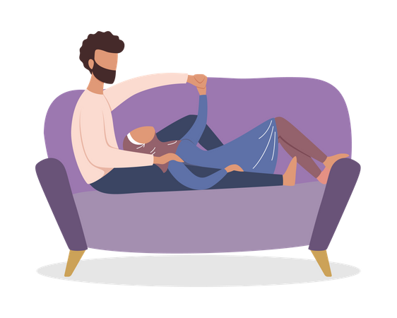 Muslim wife sleeping with husband on couch  Illustration