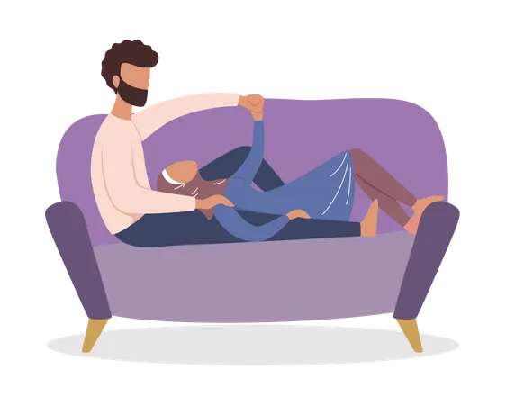 Muslim wife sleeping with husband on couch  Illustration