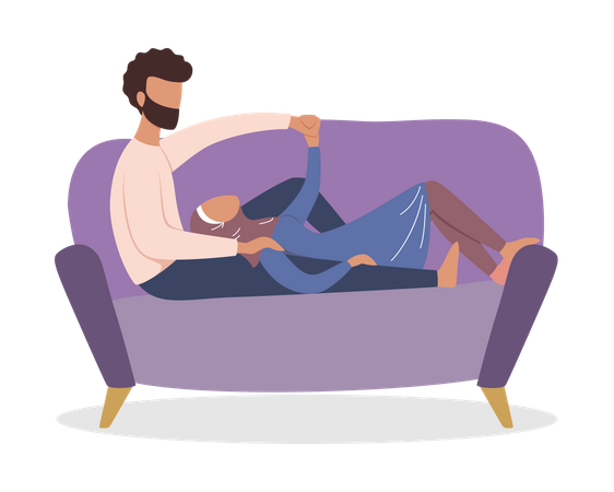 Muslim wife sleeping with husband on couch  Illustration