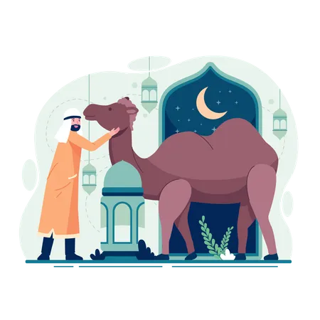 Muslim with camel on eid al-adha  Illustration