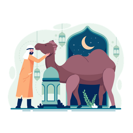 Muslim with camel on eid al-adha  Illustration