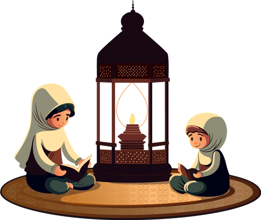 Muslim Woman and Kid Reading Holy Illustration