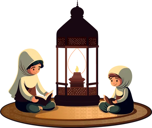 Muslim Woman and Kid Reading Holy  Illustration